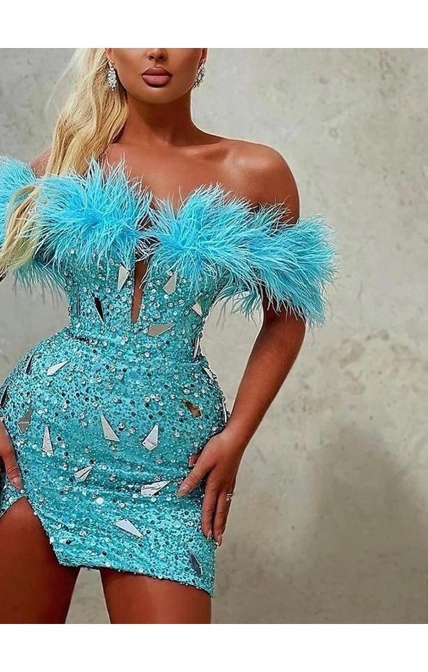 Blue Feather  Sexy Dress Sequin (Many Sizes)