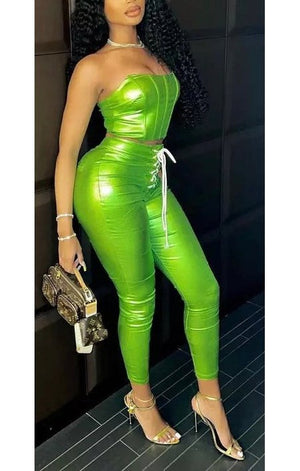 Lime Green Faux Leather Top & Pants Set
