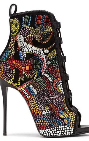Crystal print stiletto heels Gladiator sandals Ladies shiny rhinestone ankle boots Ladies open toe lace-up shoes