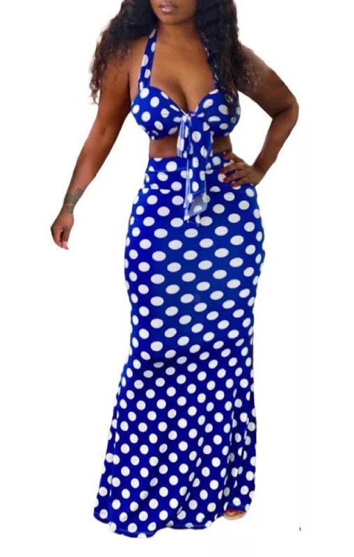 Polka Dot V-neck Crop Tops Long Trumpet Skirts Two 2 Piece Set Sexy (2 Colors)