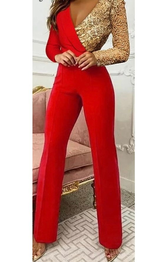 Red and Gold Sequin Long Sleeve Jumpsuit