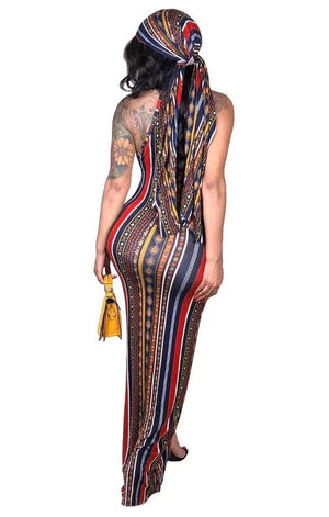Print Stripe  Maxi Dress (Head Scarf)