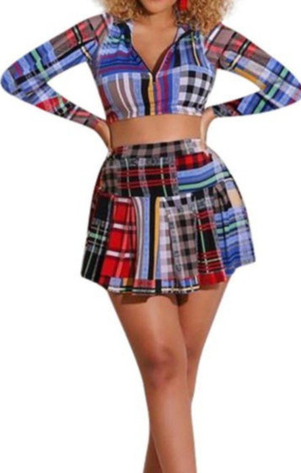 Printed long sleeve pleated skirt stretch two-piece set