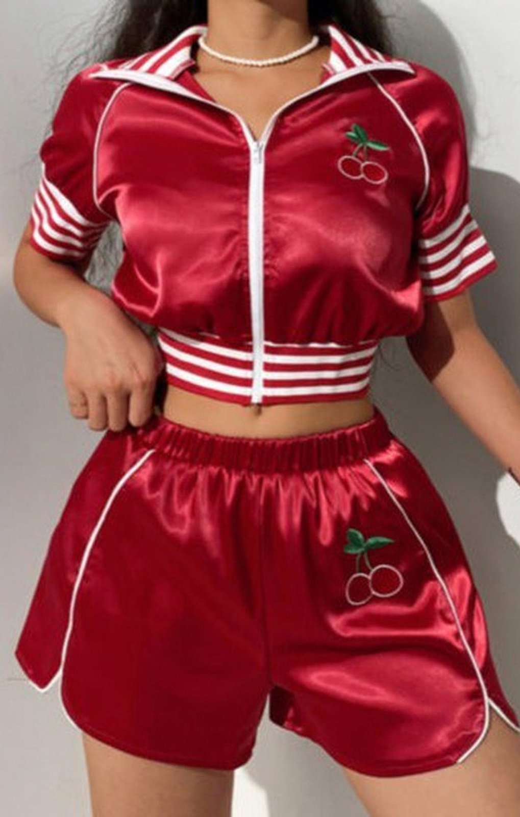 Cherry embroidery sports satin inelastic two-piece set