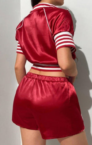 Cherry embroidery sports satin inelastic two-piece set