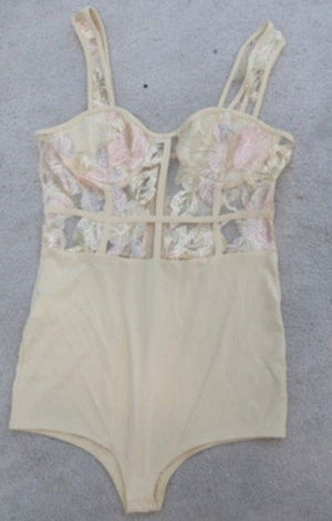 Flowers embroidered sling bodysuit with skirt see through back zip-up sexy two-piece set