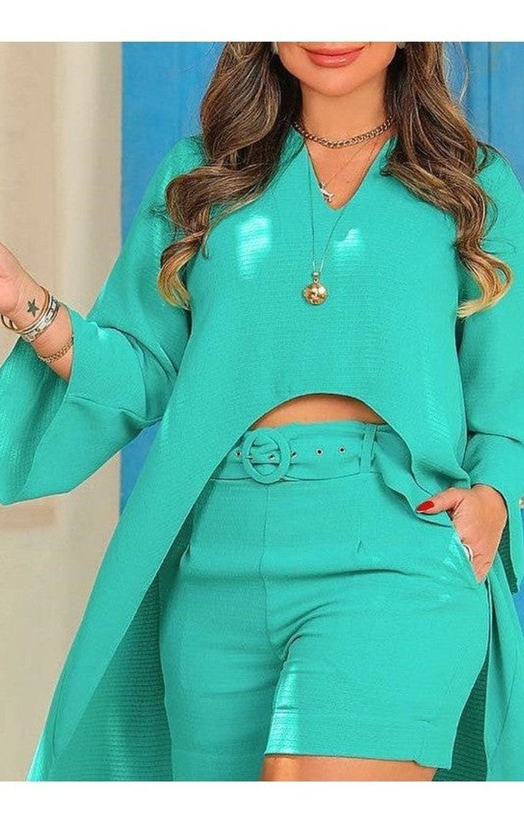 Bell Sleeve High Low Hem Top & Shorts Set With Belt (Many Colors)