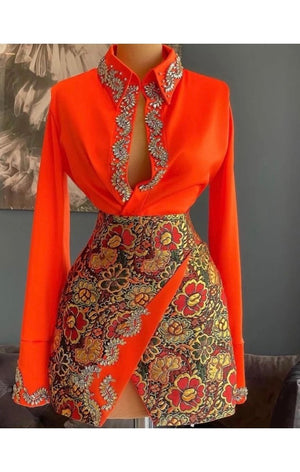 Luxury long  Sleeve Arabic Orange Print 2 Piece(Many Sizes) Skirt Set