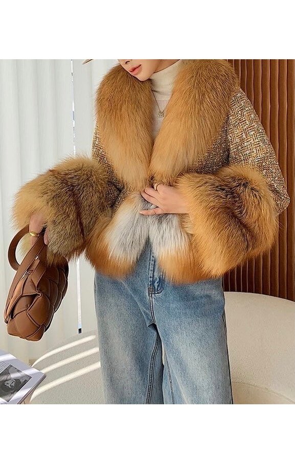 Real Fox Fur Collar Coat Plaid Thick Warm Streetwear Tweed stylish thick jacket with belt ( 3 Colors )