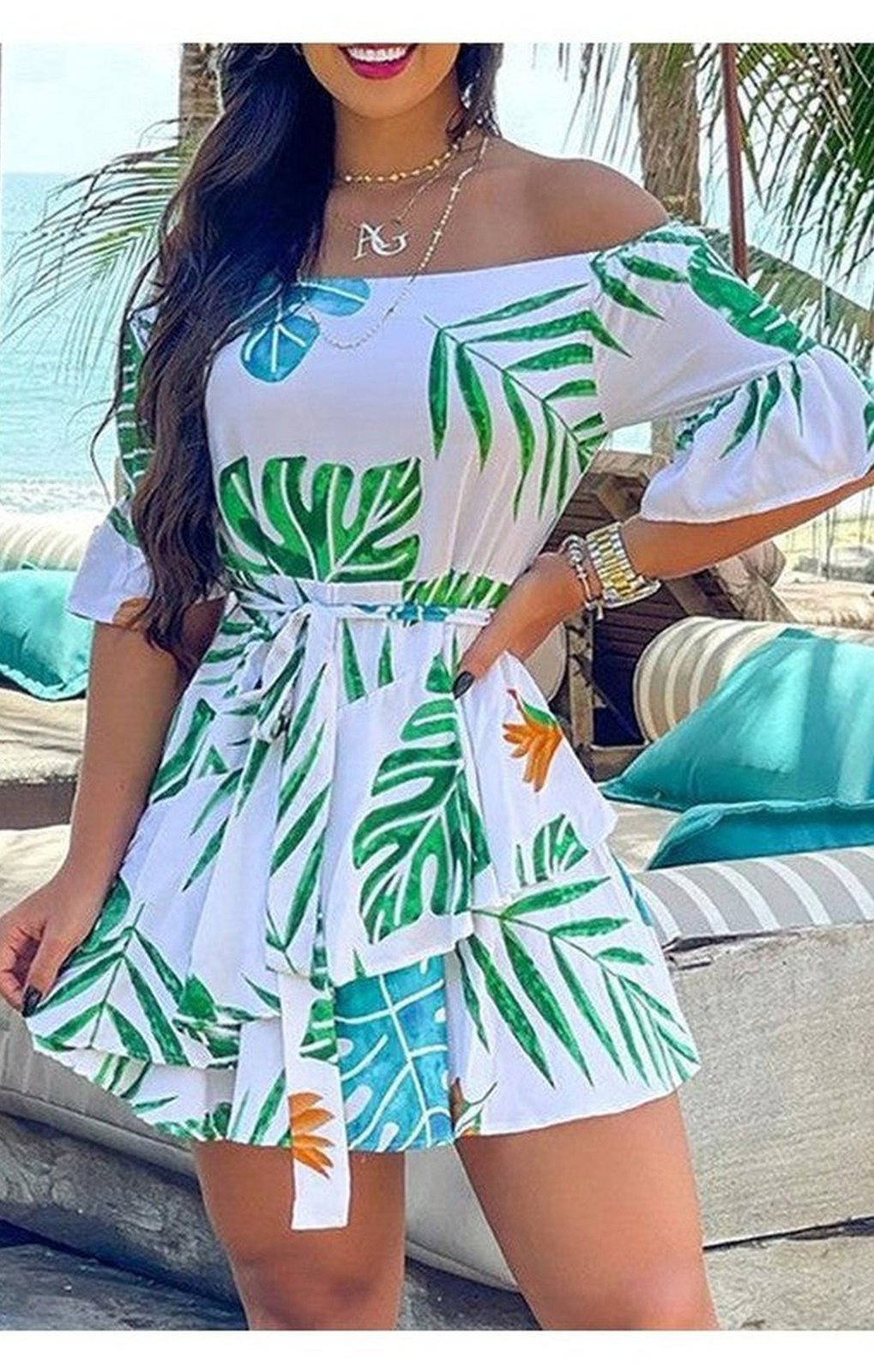 Off Shoulder Palm Leaf Print Casual Dress (2 colors)