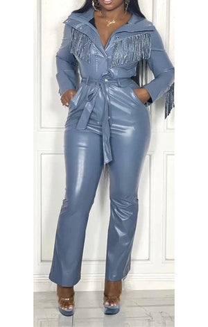 Tassel PU Leather Belted Pants Jumpsuit (2 Colors Plus Sizes Available)