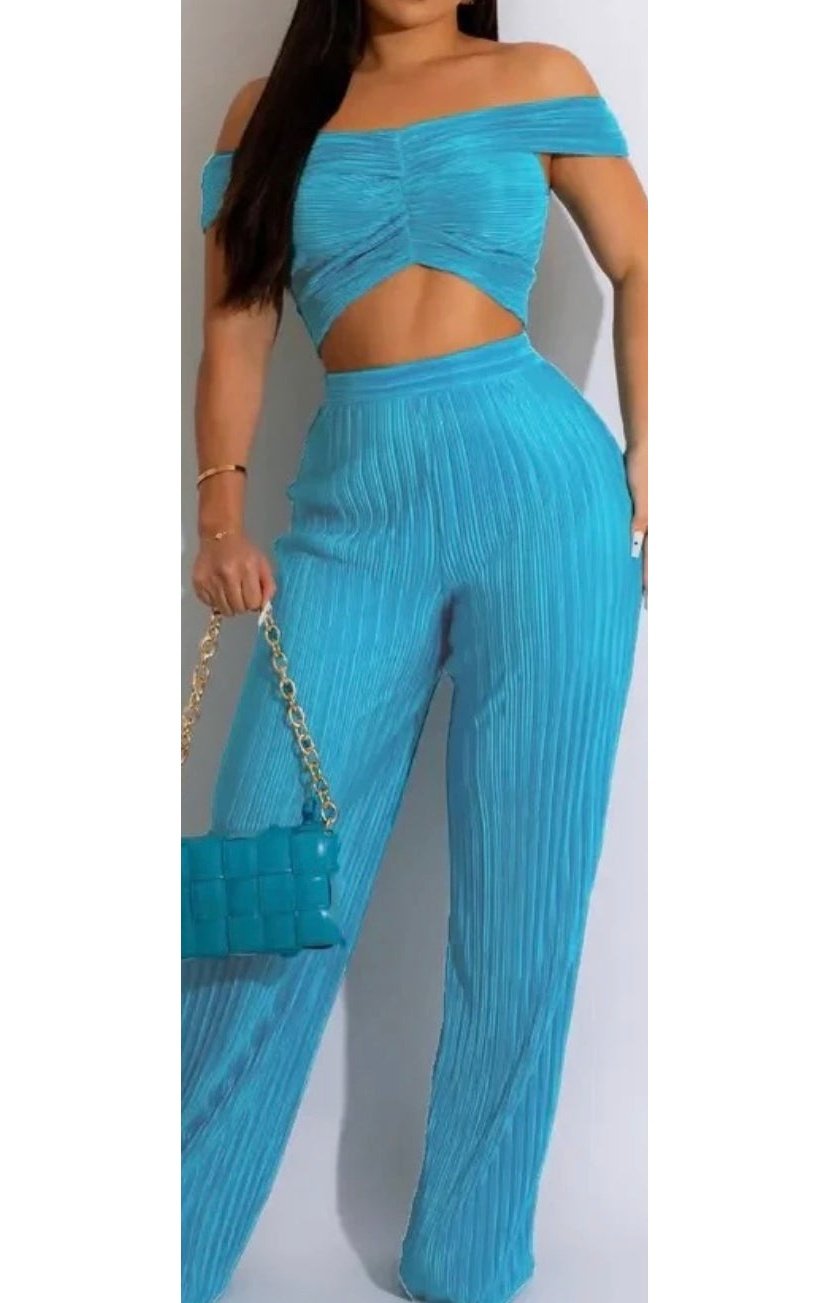 Off the Shoulder Pleated two piece pants set (3 COLORS)