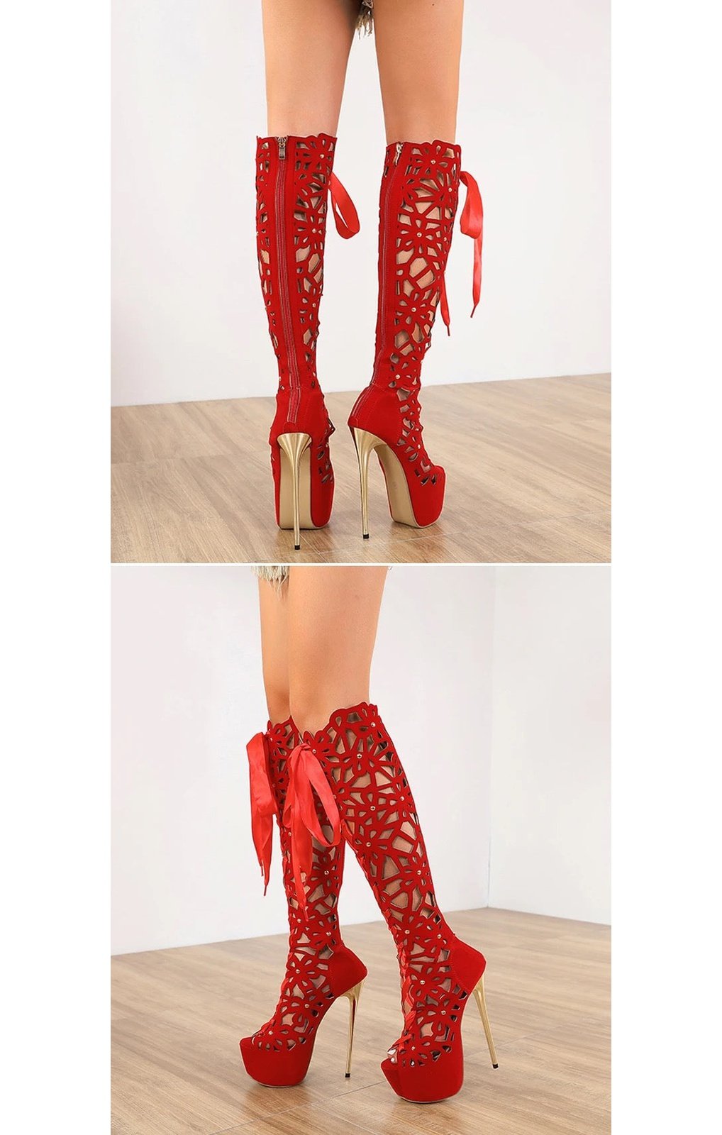 (2 Colors) Over The Knee Boots Women Peep Toe Lace-Up Zip Platform Shoes Sandals