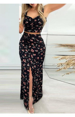 Daisy Floral Print Crop Cami Top & Split Thigh Skirt Set