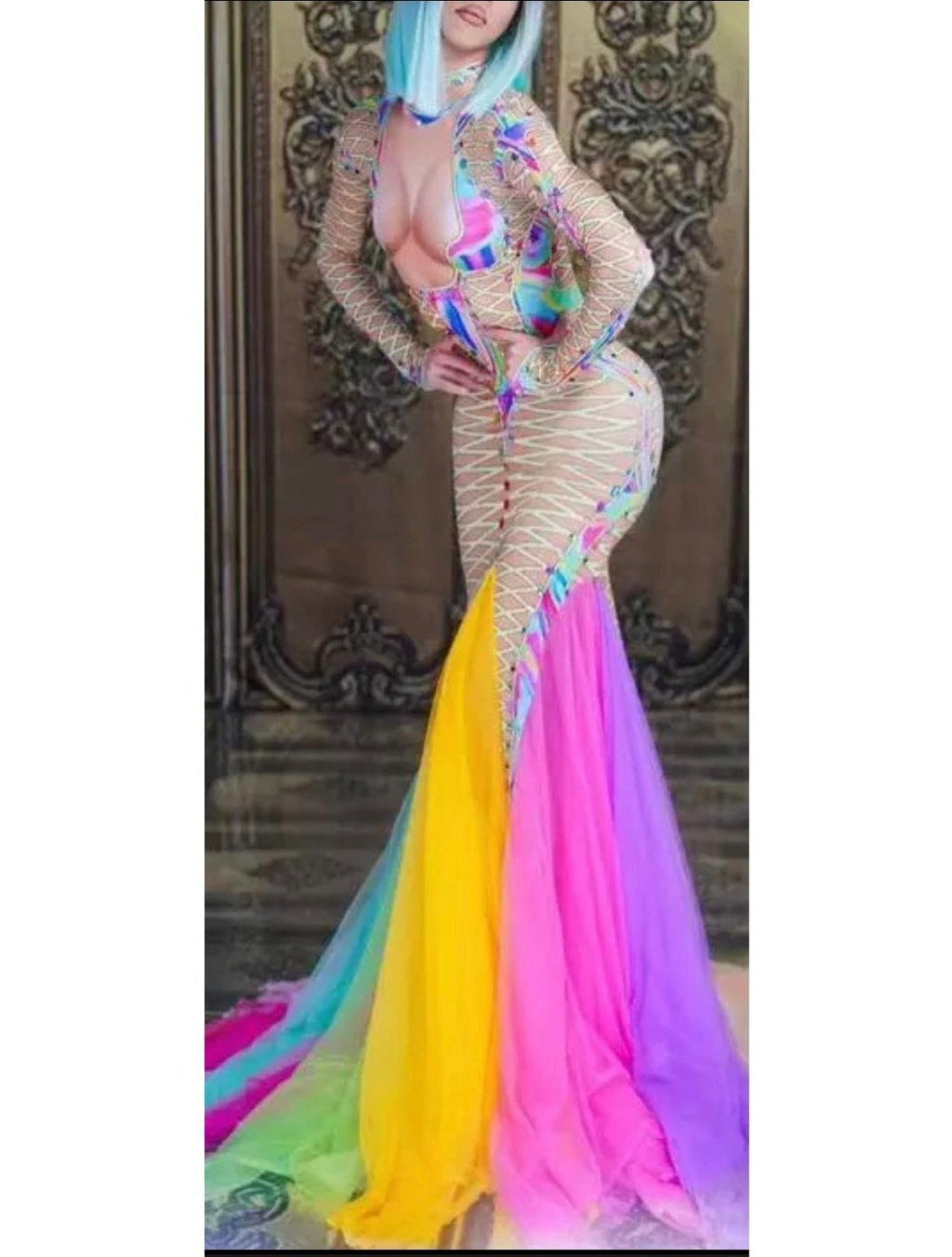 Rhinestone Long Maxi Rainbow Colorful Dress