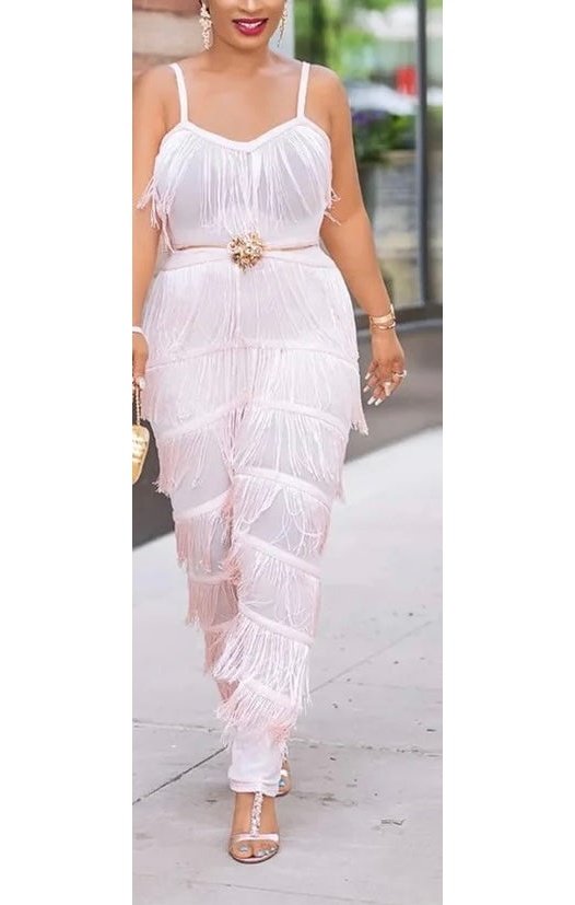 (Sold Out) Light Pink Tassel zip-up stretch jumpsuit (Plus  Sizes Available)
