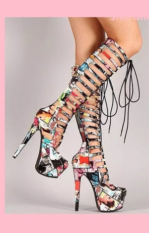 Print Multicolored lace up Platform High Heels women’s