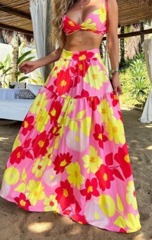 Floral Print Twist Crop Top & Skirt Set