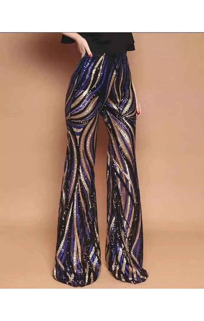 Glitter High Waist Bell-bottomed Sequin Pants