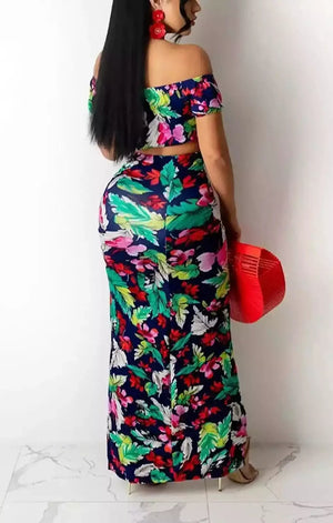flower leaf batch printing micro-elastic off the shoulder tied drawstring high slit sexy two-piece set