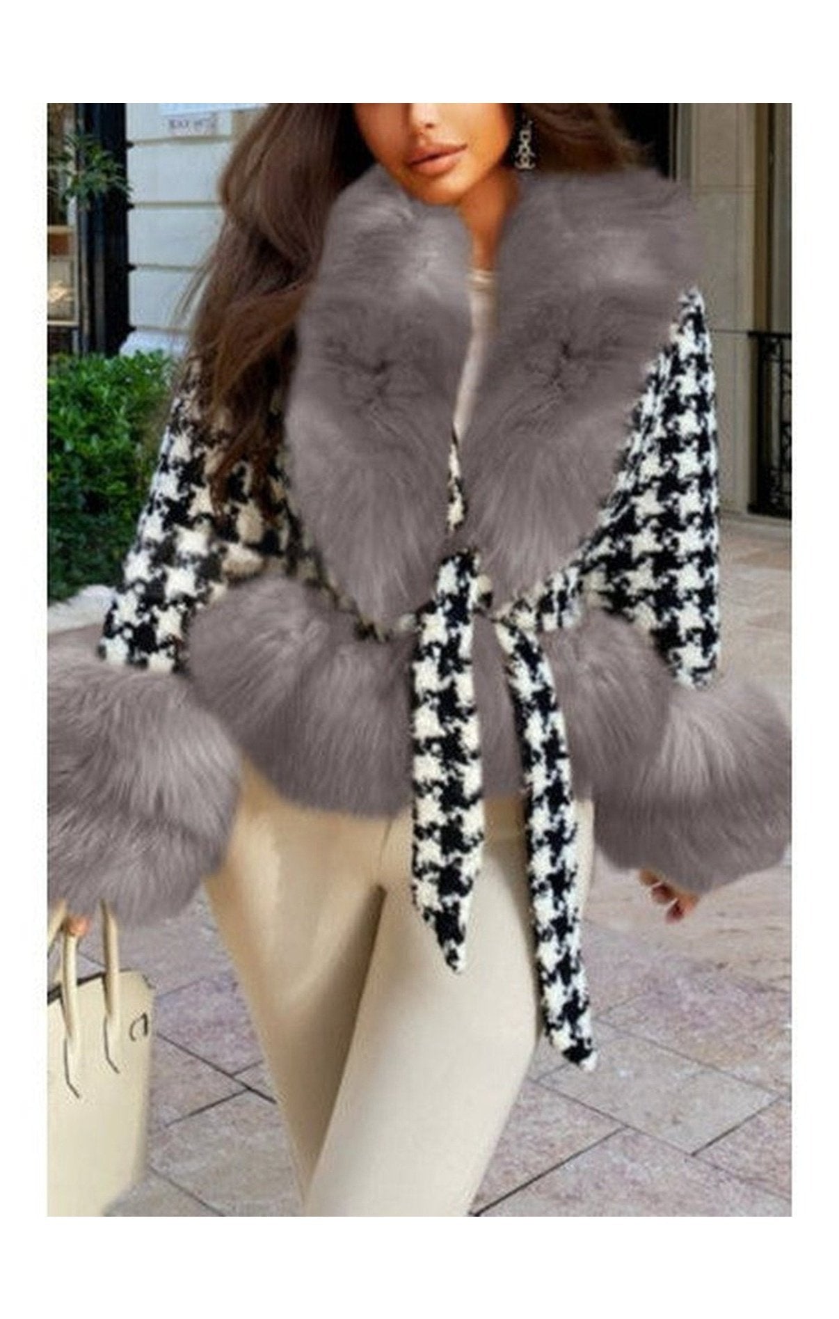 Winter tweed inelastic fur collar stylish thick jacket with belt ( 2 COLORS)