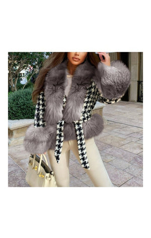 Winter tweed inelastic fur collar stylish thick jacket with belt ( 2 COLORS)