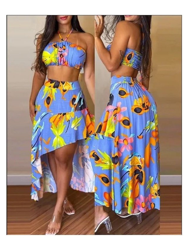 Print crop top and asymmetric skirt set