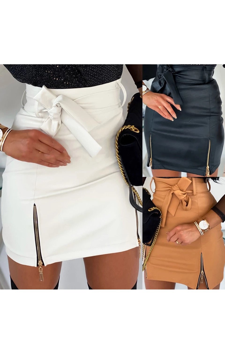 PU Leather Women Skirt Bow Zipper Bottoms  (3 Colors)