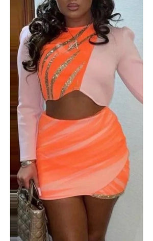 Orange Two Piece Sequin Skirt Set (Many Sizes)