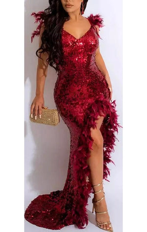 Sequined Feathered slit Dress (3 Colors)