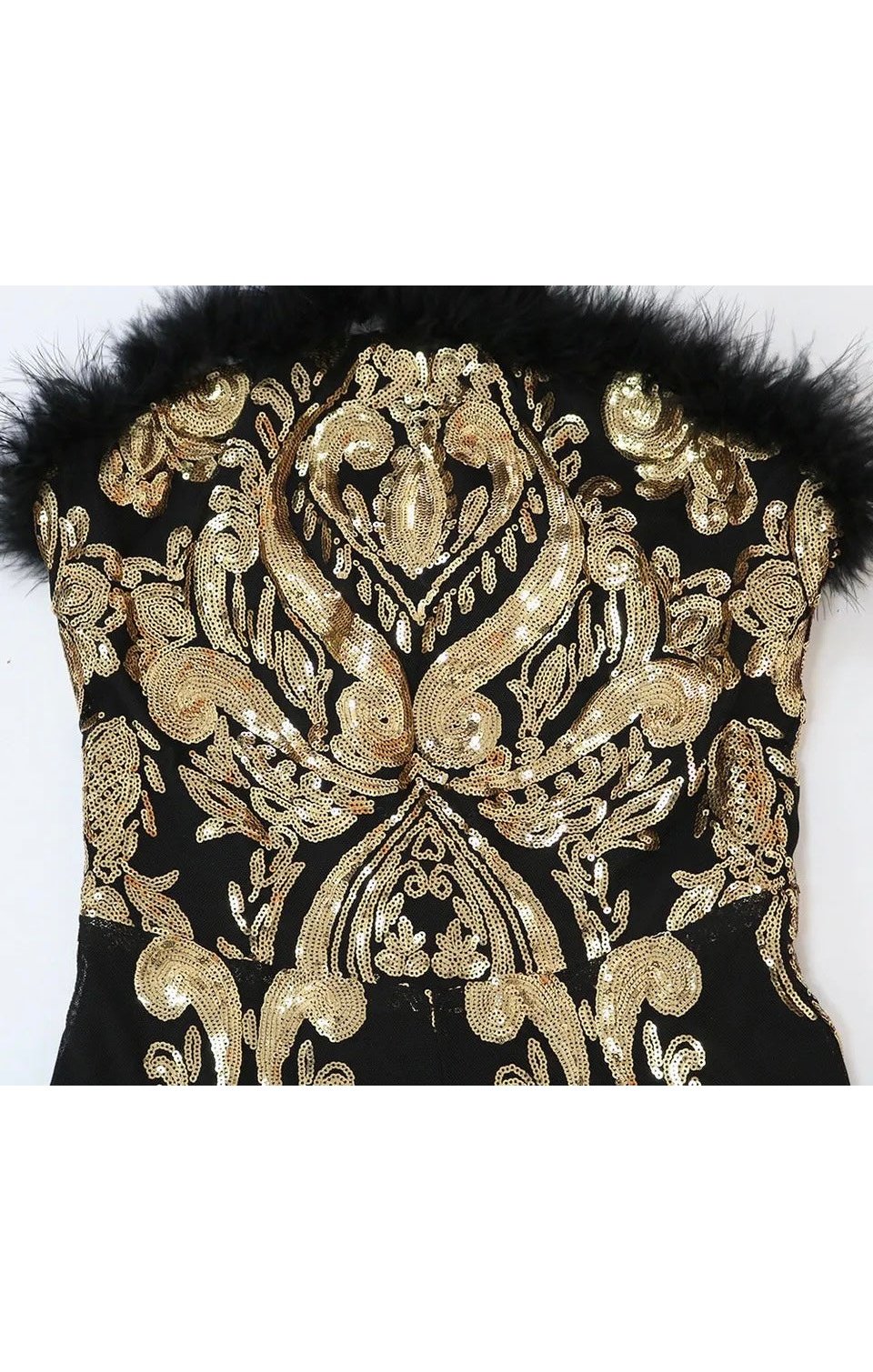 Strapless Black Gold Fur Sequin Jumpsuit