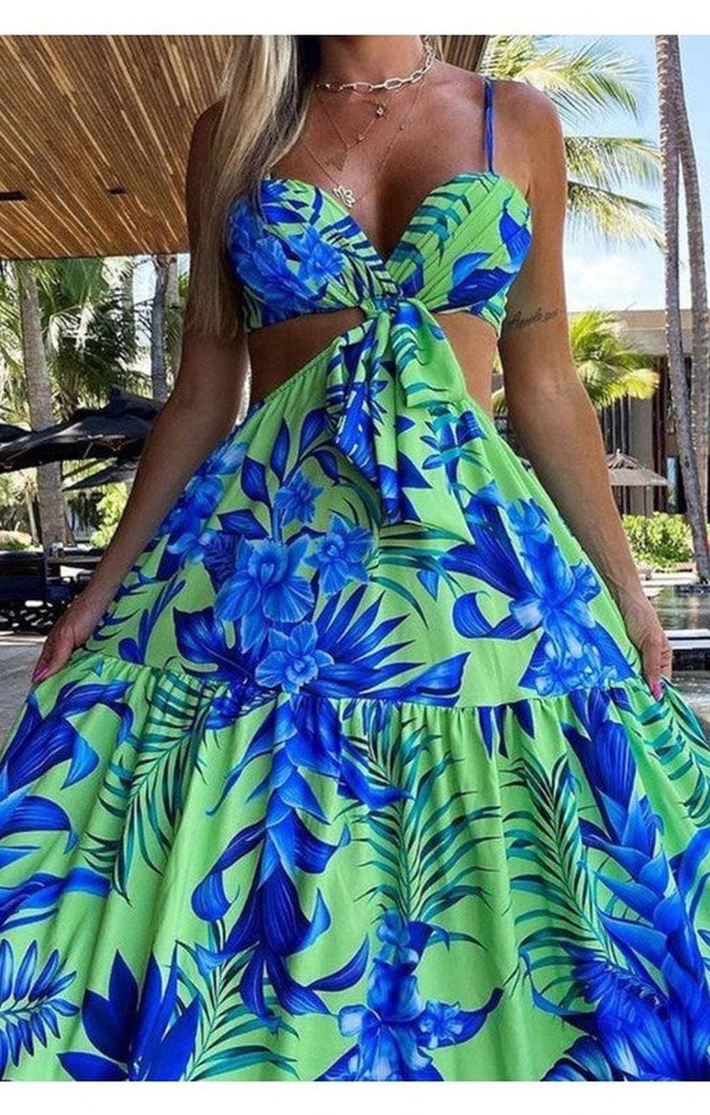 Cutout Tied Detail Tropical Print Cami Maxi Dress