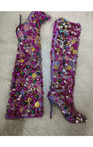Hot Pink Gems Stones Over the Knee pointed Heel Boots Print
