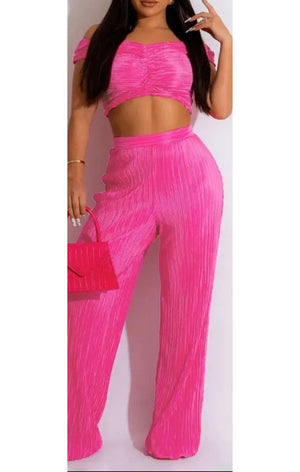 Off the Shoulder Pleated two piece pants set (3 COLORS)