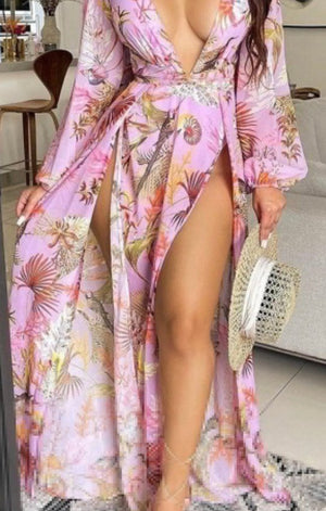 Tropical Print Lantern Sleeve High Split Maxi Dress