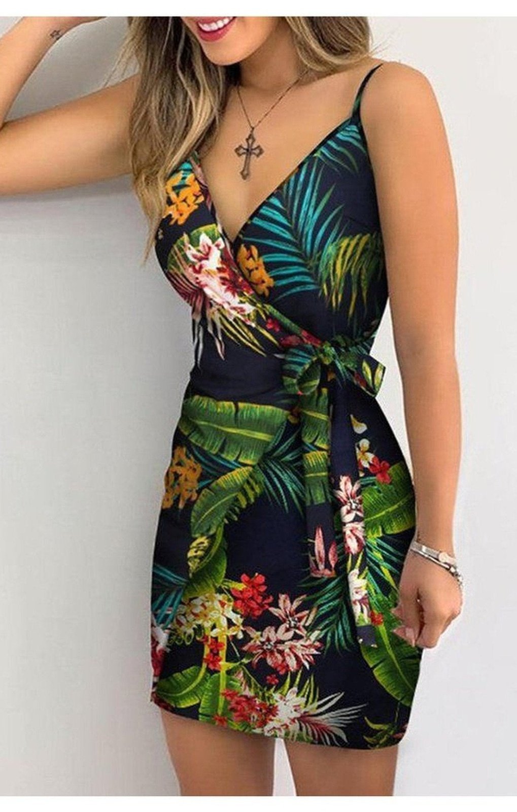 Tropical Print V-Neck Wrap Casual Dress