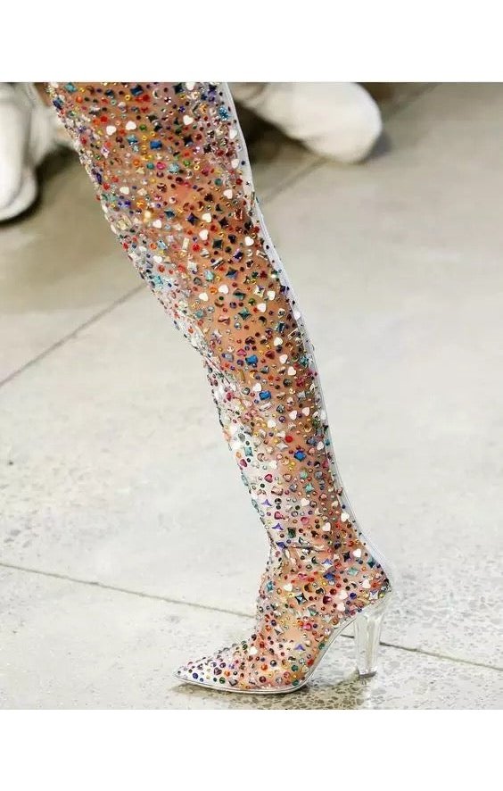 Women’s  Bling Multi Crystal Over the Knee  Heel Boots