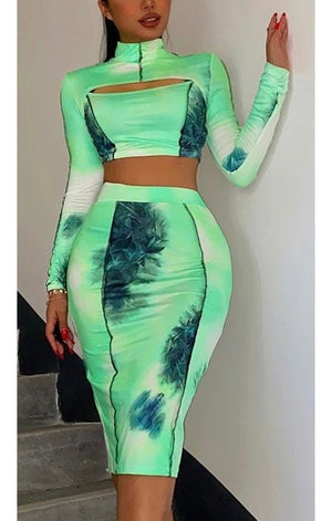 Print Sexy 2 Piece Sets Hollow Out Full Sleeve Crop Top + High Wiast Midi Skirt Set
