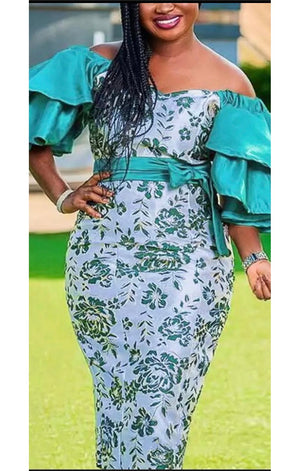 Green African Print Puff Sleeve Dress (Many Sizes) Plus Size Available