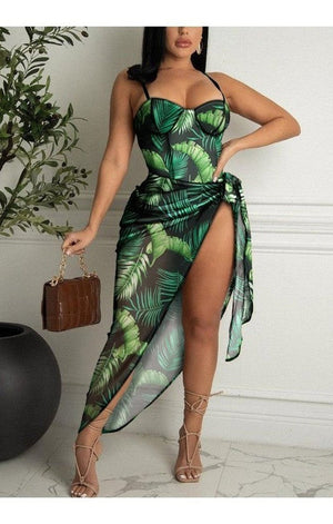 Tropical Print Spaghetti Strap Bodysuit With Cover Up Skirt