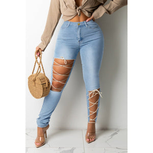 Micro-elastic hollow eyelets lace-up curving stylish jeans