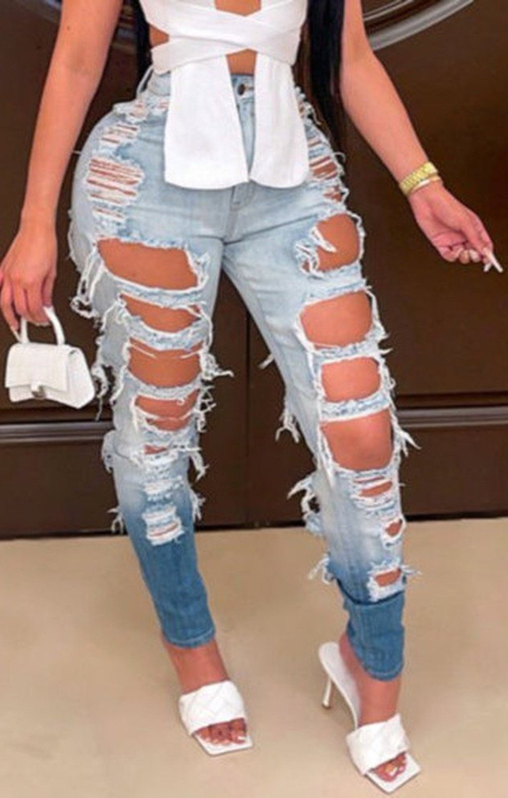 Micro-elastic high waist holes stylish personality jeans