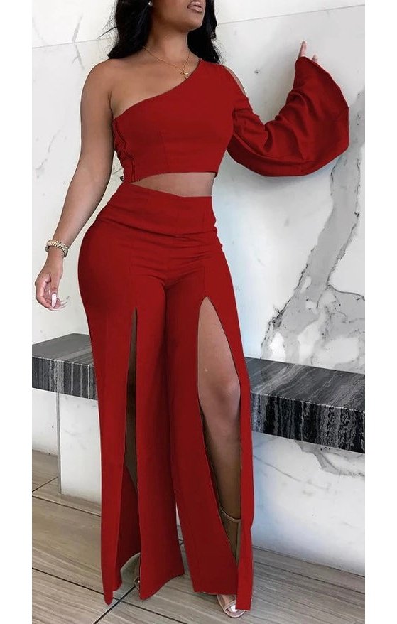 Elegant One Sleeve top with Split wide leg pants stretch two-piece set (3 Colors)