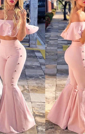 Women Two Piece Outfits Off Shoulder Pink Ruffle Crop Tops and Flare Pants 2 Piece Set
