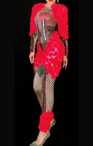 Red long jumpsuit rhinestone bodysuit costume