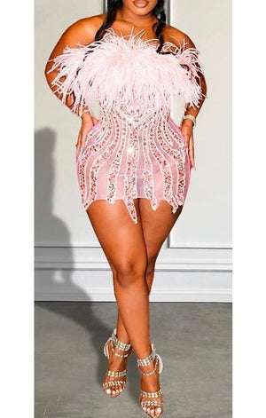 Off the Shoulder Feather Bling Dress  (4 Colors)