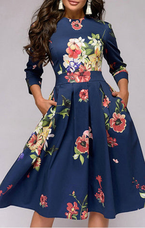 Floral Pleated Skirt Floral Tea Length Dress