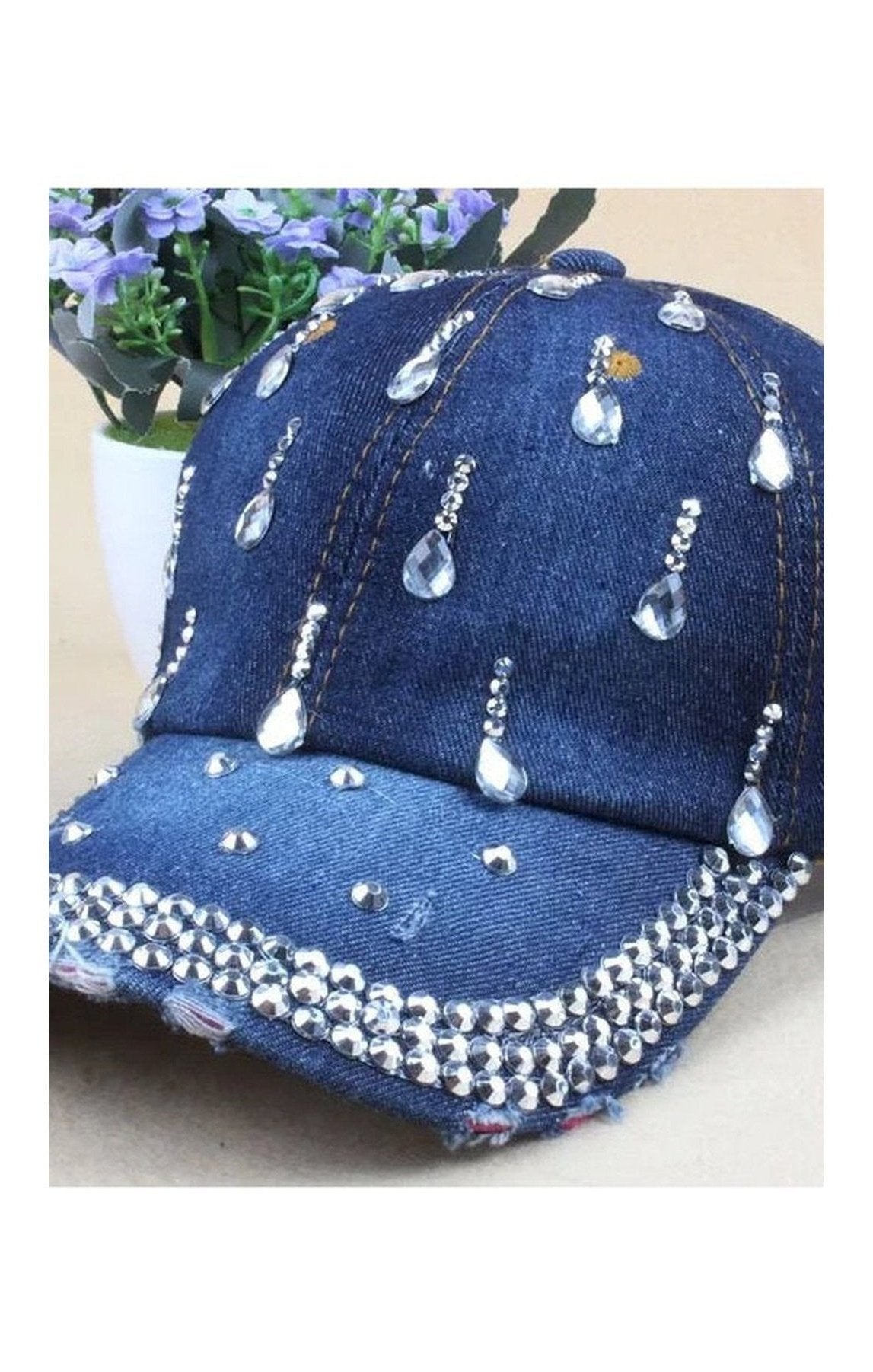 Water Drop Rhinestones Vintage Jean Cotton Baseball Caps (3 Colors)