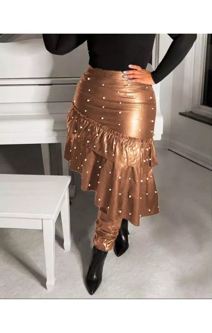 PU Leather Skirt Beaded Decor Ruffle Hem Asymmetrical  (2 Colors ) (Plus Sizes Available)