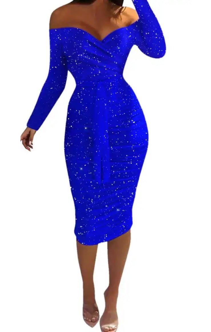 Bling Off Shoulder Tie Front Ruched Bodycon  Dress (3 Colors)
